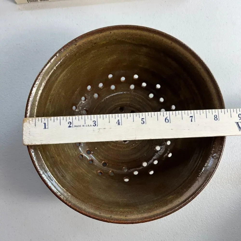 Studio Art Colander 8.5 in Stoneware Green Brown Rim Swirl Glazed Earth Toned